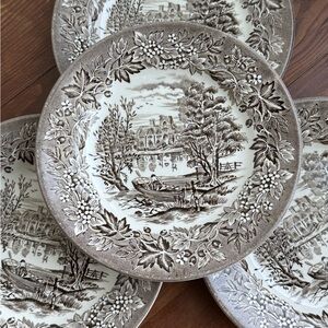 4 Vintage Staffordshire Ironstone Tableware Castles Brown Dessert Plates